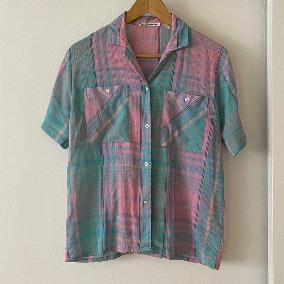 Vintage Tops - Vintage Pastel Plaid Button Down Shirt